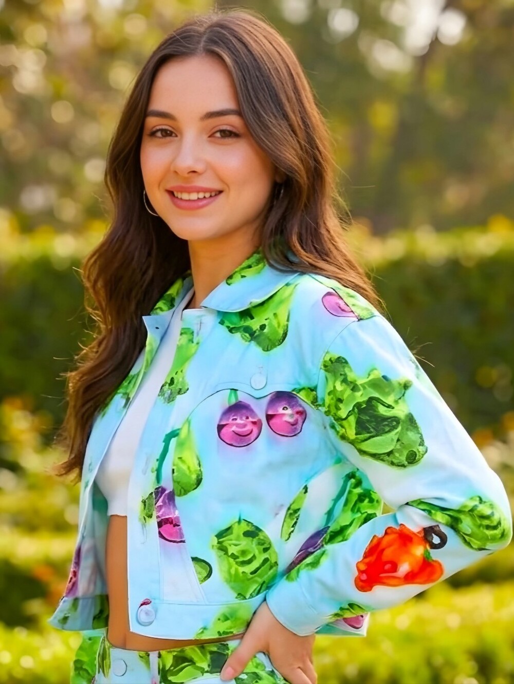 Somewhere Nowhere ✦ Veggie Print Cropped Twill Jacket ✦ Forbidden Fruit Blue NWT